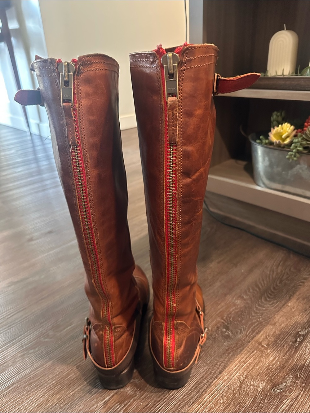Freebird Roadie Tall Brown Leather Boots with Red Accent Zipper
